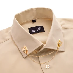 Hi-Tie Long Sleeve Mens Shirts Silk Brown Solid Lapel Green Black Red Beige Purple Pink Slim Fit Shirt Wedding Business Formal
