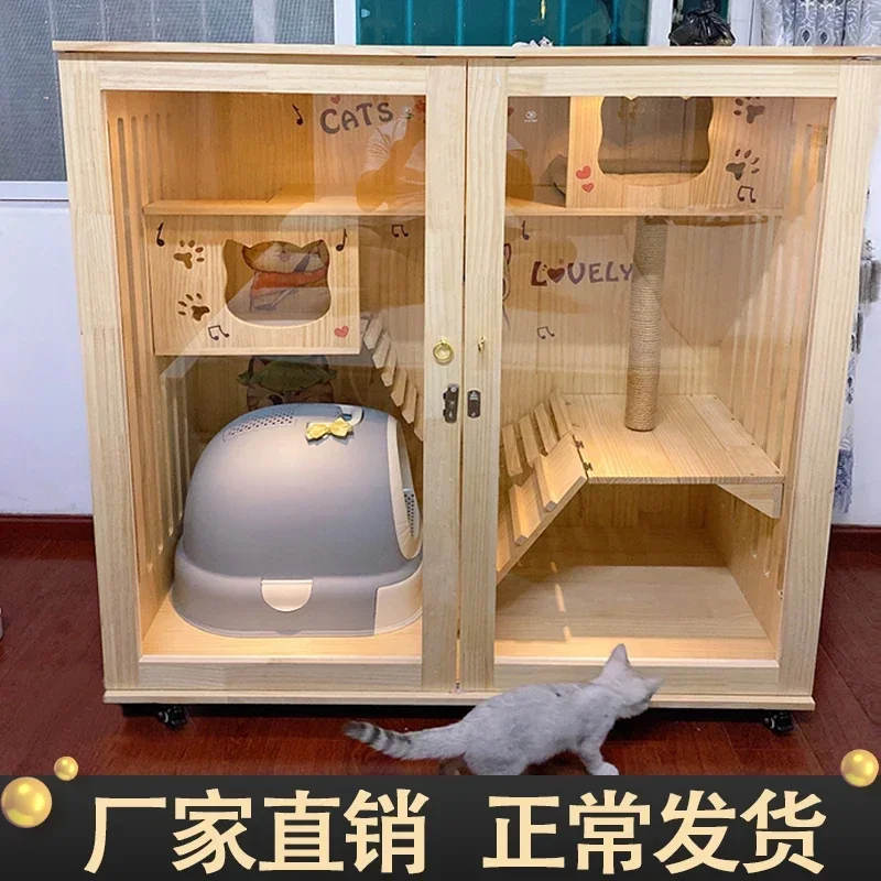 

Hotsale new commercial solid wood villa cat cage luxury indoor house display cabinet balcony double storey three home