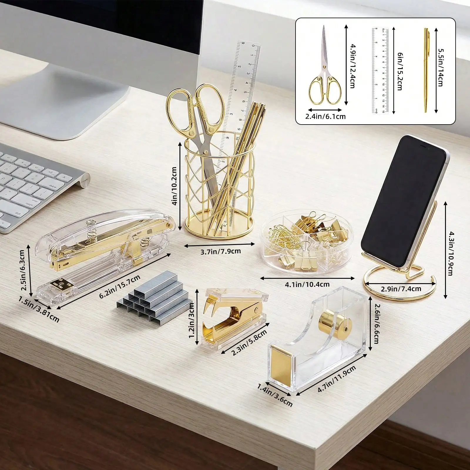 1set Gold/Rose Desk Accessories, Office / School Supplies, Set For Back To School Season, Acrylic Stapler Set Staple Remover, Phone Holder, Tape Holder, Pen Holder, 2 Ballpoint Pen, Scissor, Binder Clips, Ruler, Transparent Glue And Staples