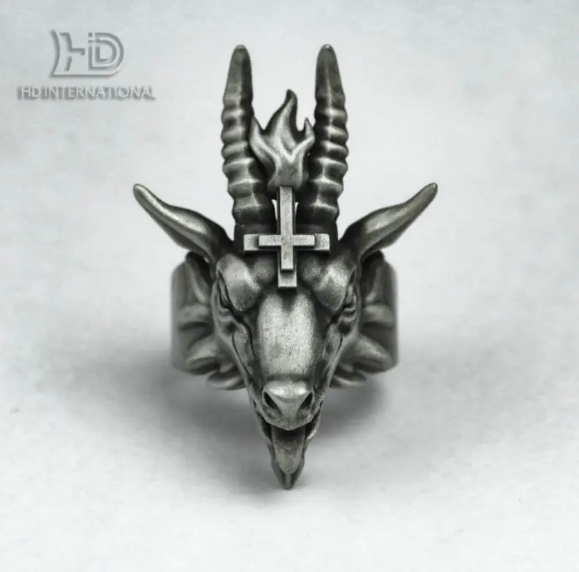 

925 Silver Inferno Sheep's Head Ring, Satanic Ring Cross Skull Ring