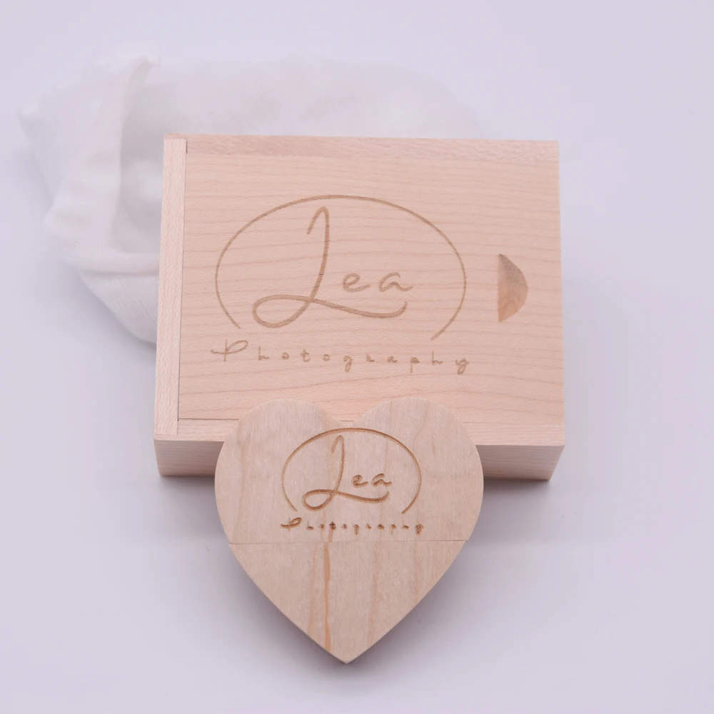 10PCS/LOT USB 3.0 Flash Drive  Free Logo with chain Pen Drive 128GB 64GB 32GB16GB8GB Wooden Heart Box Memory Stick  Wedding Gift