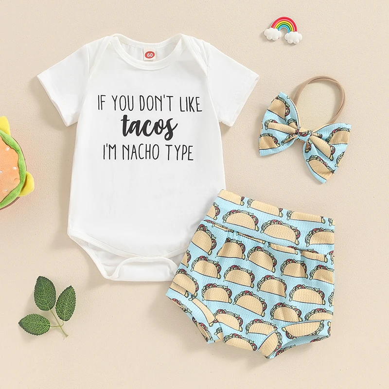 

2024-04-03 Lioraitiin Infant Baby Girl Clothes Set Letter Print Short Sleeve Romper Hamburger Print Shorts Bow Headband Outfits