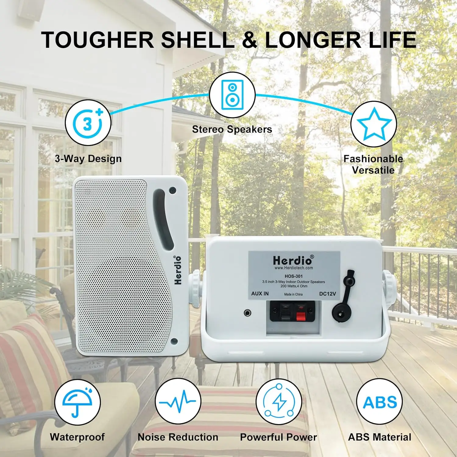 

Herdio 3.5" 2PCS Outdoor Bluetooth Speakers Full Range Stereo 200W 3 Way Upgrade Premium Wall Mount Speakers Loud Sound System