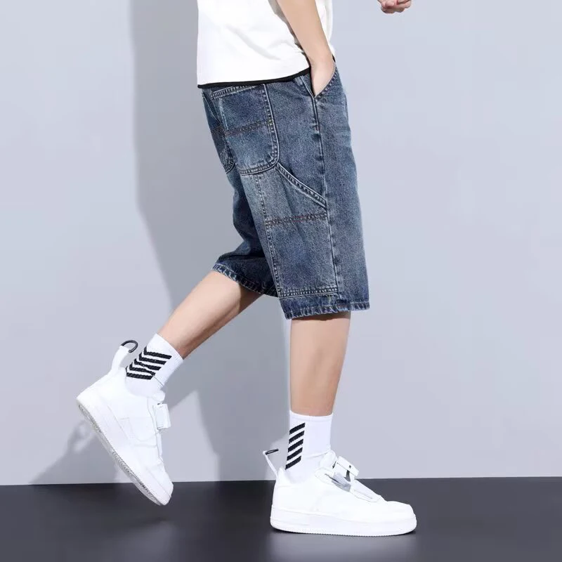 Men Summer Casual Knee Length Pants Male Baggy Straight Leg Versatile Denim Cargo Shorts Chic Wear-resistant Simplicity Jeans