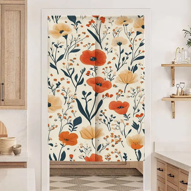 VIKAMA Soft Country-Style Floral Japanese Half-Door Curtain, Vintage Camellia Print Fabric Curtain, Privacy Divider, Home Decor