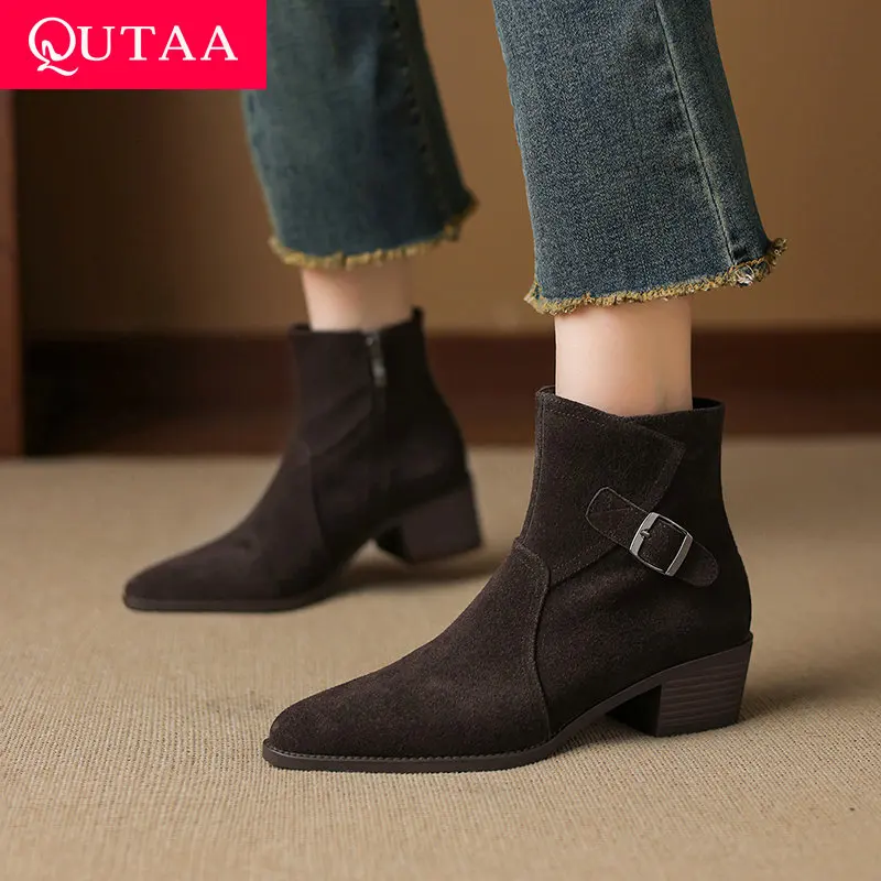 

QUTAA 2026 News Autumn Women Ankle Boots Winter Basic High Heels Genuine Leather Fashion Shoes Short Boots Black Size 34-39