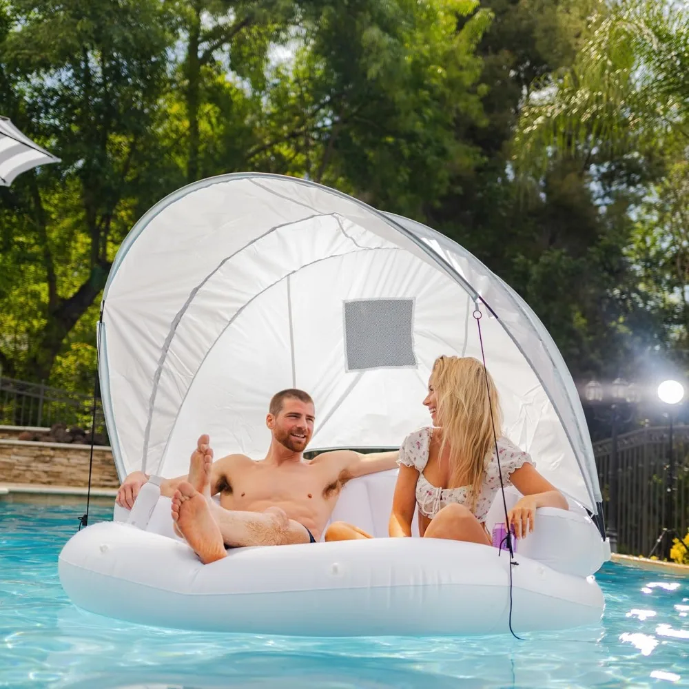 Floats Inflatable Cabana - 2 Person Pool Float with Detachable Fabric Sun Shade, Backrest, Built in Cup Holders, and Grab Rope