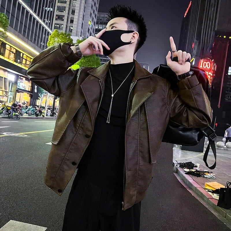 

Men's Biker Jaet Fake Two-Piece Outerwear Spring Autumn Faion High-End Feel Cool Haome Leather Jaet Polyester Fiber