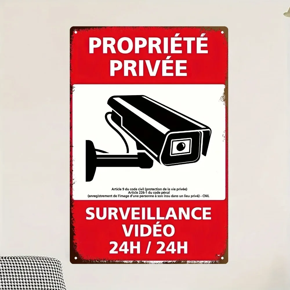 CIFBUY French Video Surveillance Warning Sign Aluminum Wall Art Waterproof Durable Metal Decor for Home Living Room Office Bar