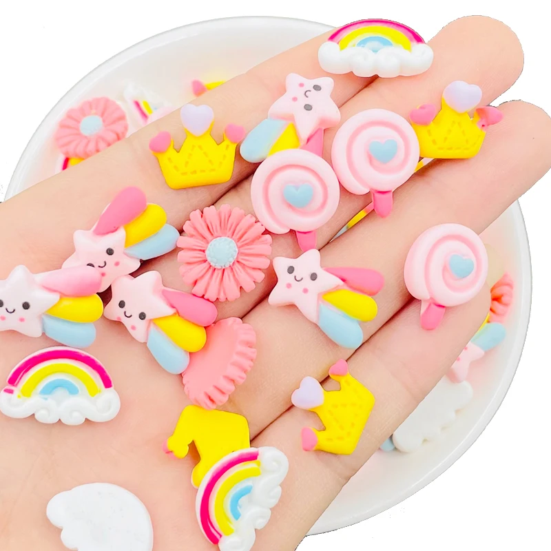 30Pcs New Cute Mini Cartoon Crown Lollipop Rainbow Flat Back Resin Scrapbooking DIY Jewelry Earwear Craft Decoration Accessories