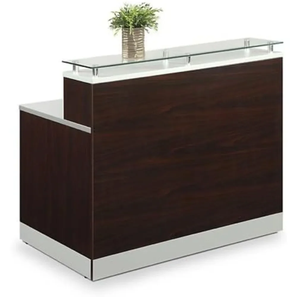 

Esquire Reception Desk Glass Top, Mahogany Silver Laminate Desk 63 Wx32 D