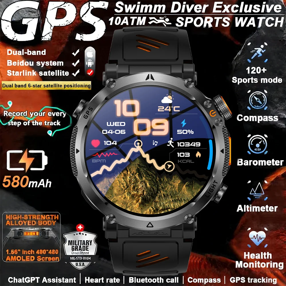 2026 New Outdoor Sports Smartwatch Men GPS Positioning 580mAh HD Call 1.7-inch AMOLED Screen Compass 5ATM Waterproof Watch Man