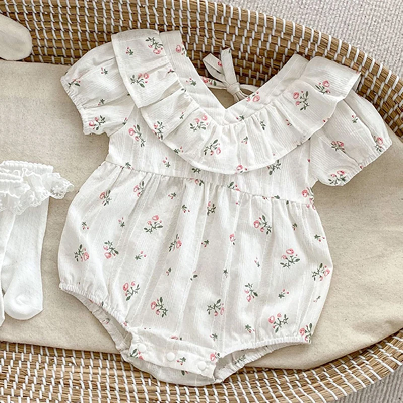 Printed Flowers Baby Girls Short Sleeves Rompers Toddler Baby Girls Rompers Jumpsuit Infant Girls Princess Rompers Clothes