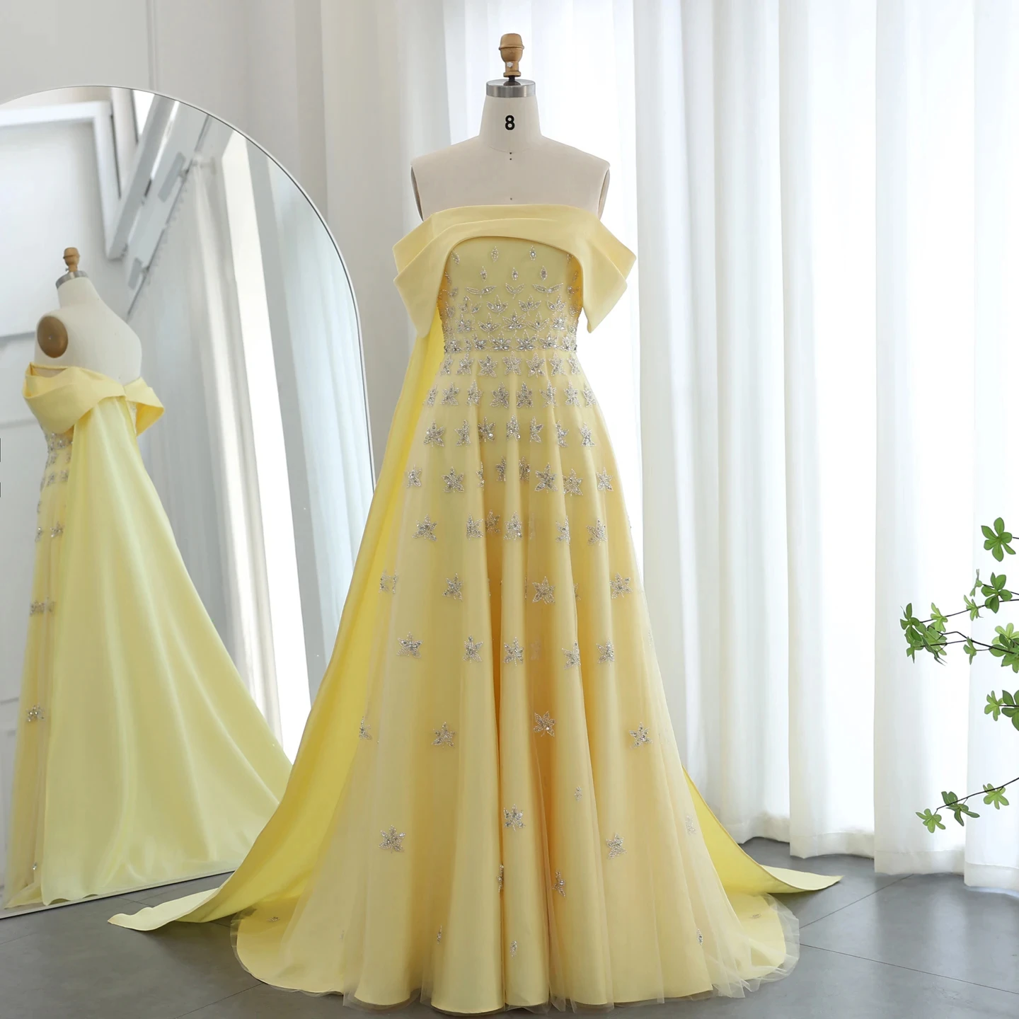 Jancember Arabic Yellow Satin Jancember Dubai Evening Dress with Cape 2024 Elegant Off Shoulder Women Wedding Party Gowns SZ455