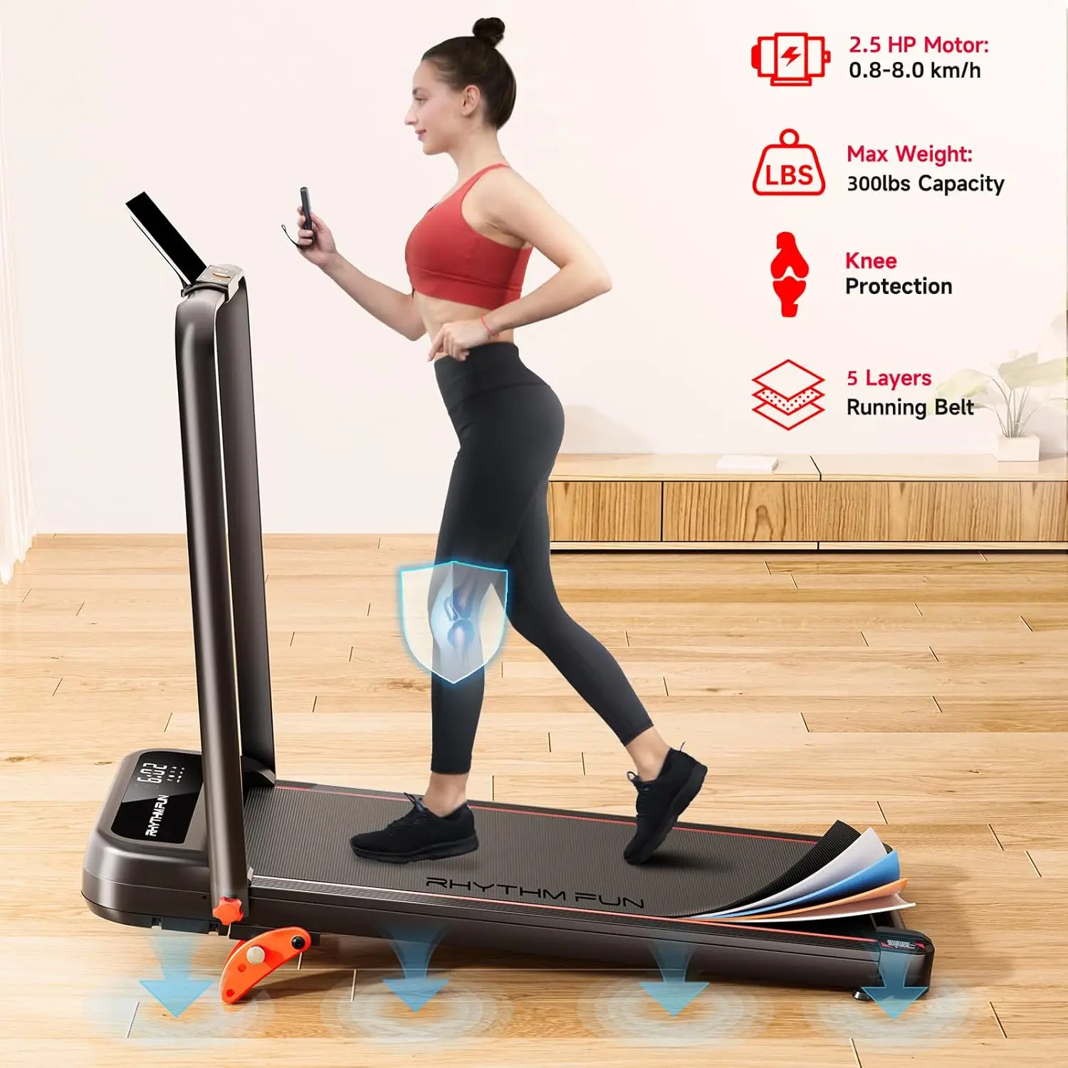 Foldable Treadmill, Walking Pad with Handle Bar 3 Level Incline, 300 Lbs Portable Treadmill for Home Office