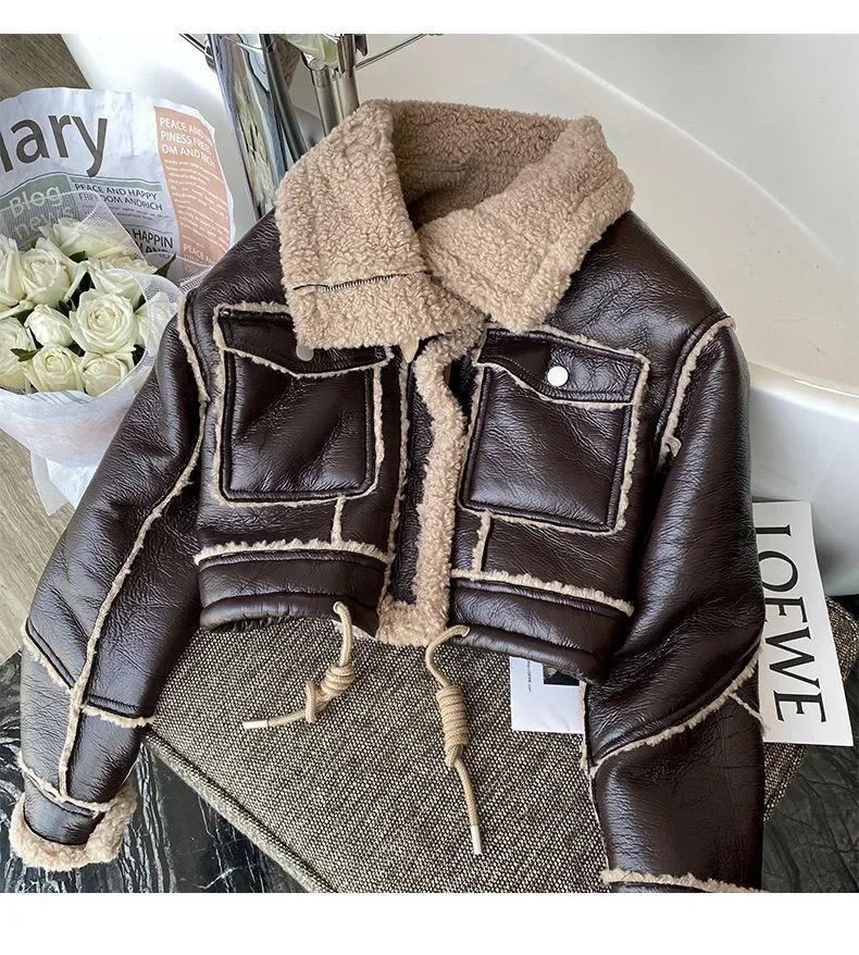 Boys and Girls 2024 Winter New PU Leather Lamb Wool Jacket Korean Motorcycle Thick Standing Collar Short Fur Coat