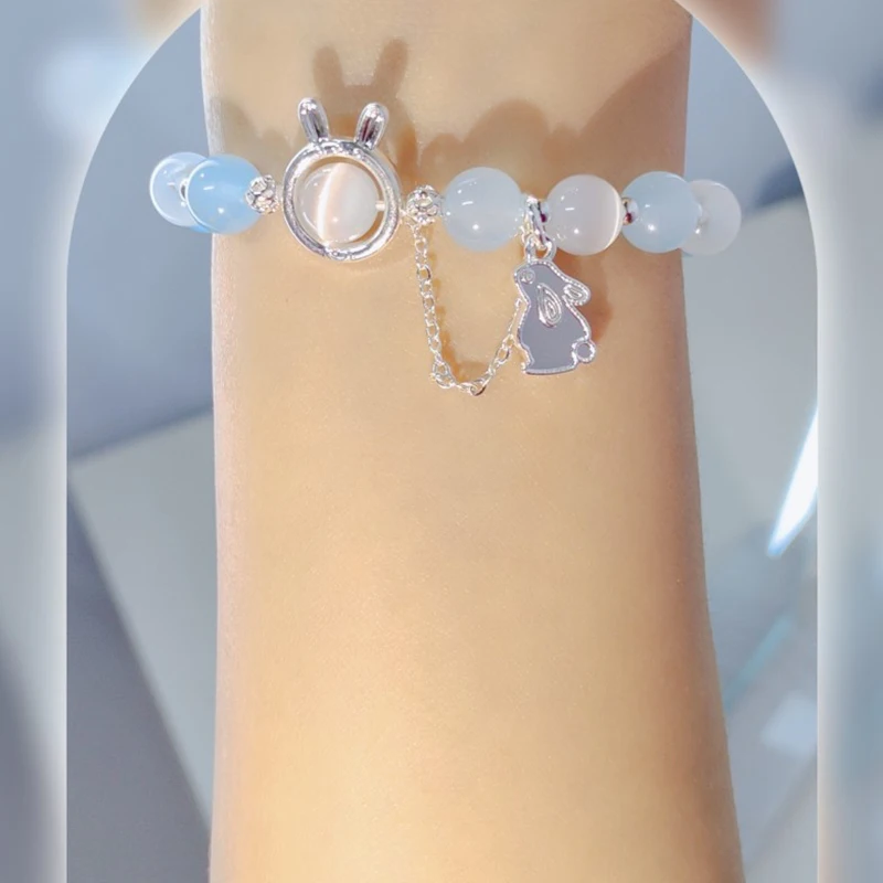 Fashion Rabbit Pendant Crystal White Opal Moonstone Bracelet for Women Handmade Natural Stone Beaded Strand Bracelets Jewelry