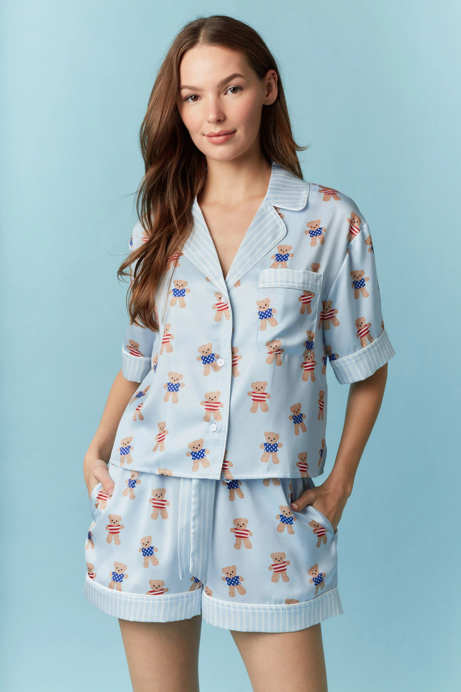 Women's Summer Pajamas Set Cartoon Bear Print Lapel V Neck Short Sleeve Tops with Shorts Lounge Wear 2 Pcs Set