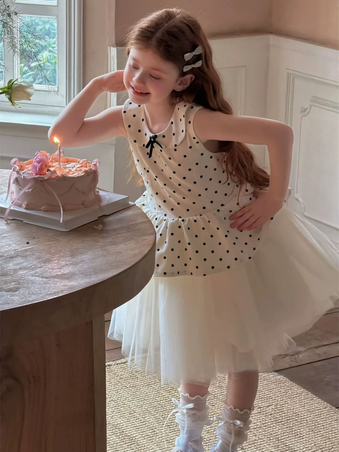 

2026 New Baby Summer Girls Dot Mesh Flower Dress, Princess Kids Sweet Fashion Party Dress 3-7 T