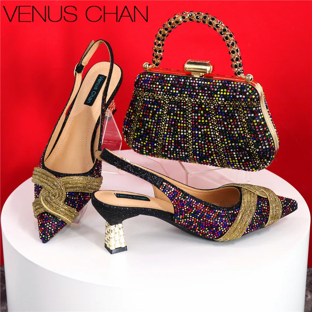 Ladies High Quality Women's Pumps And Bag Italian Fashion Design Black Rainbow Color Bag For Nigeria Wedding Party