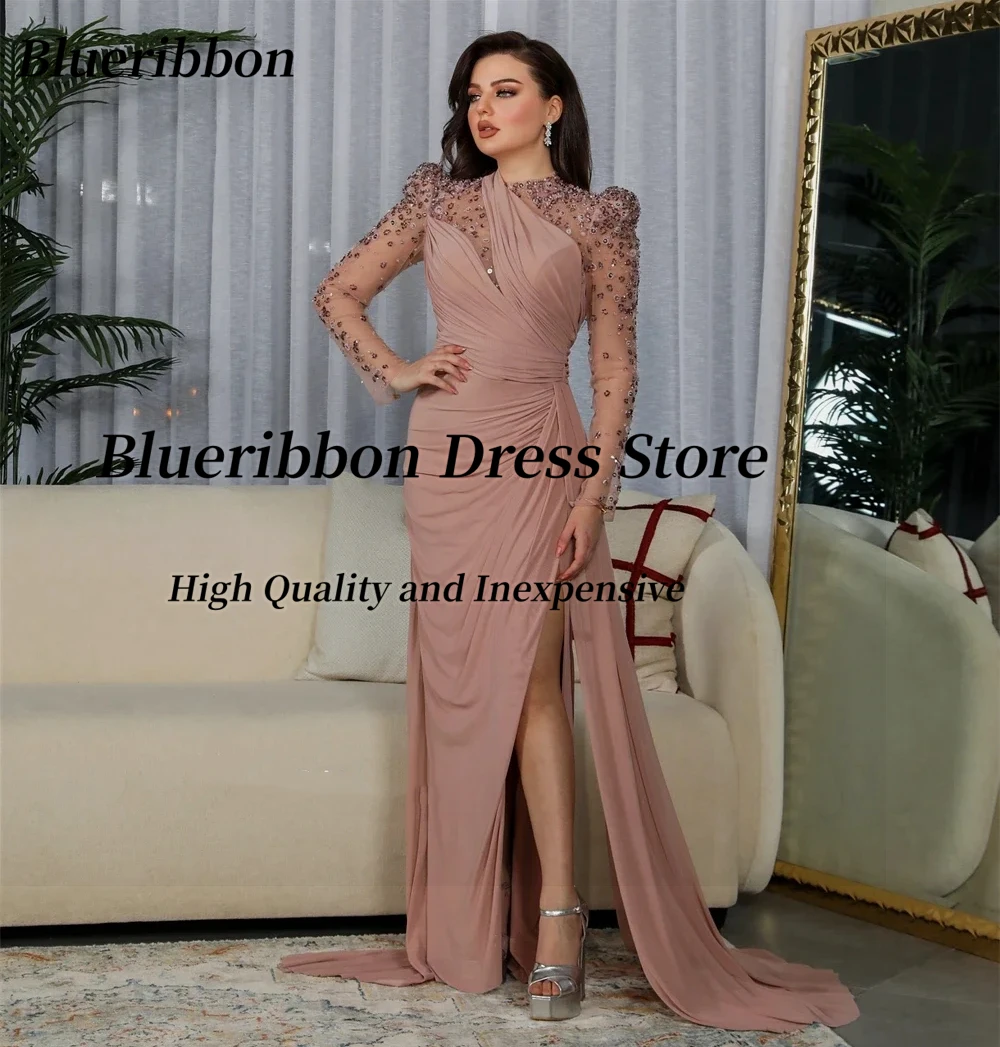 

Blueribbon Пром платья из бисера с длинными рукавами فساتين majiن seleبات Gracias Вечерние платья с боковым разрезом по индивидуальному заказу