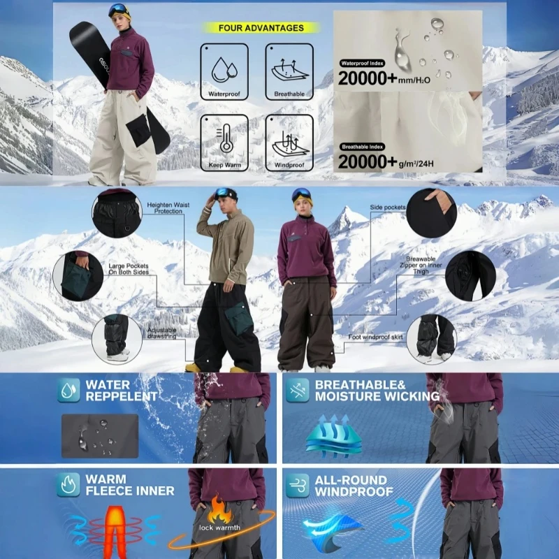 2025 Pantaloni da neve larghi invernali da uomo Pantaloni da snowboard taglie forti Pantaloni sportivi da sci all'aperto super larghi Isolamento impermeabile