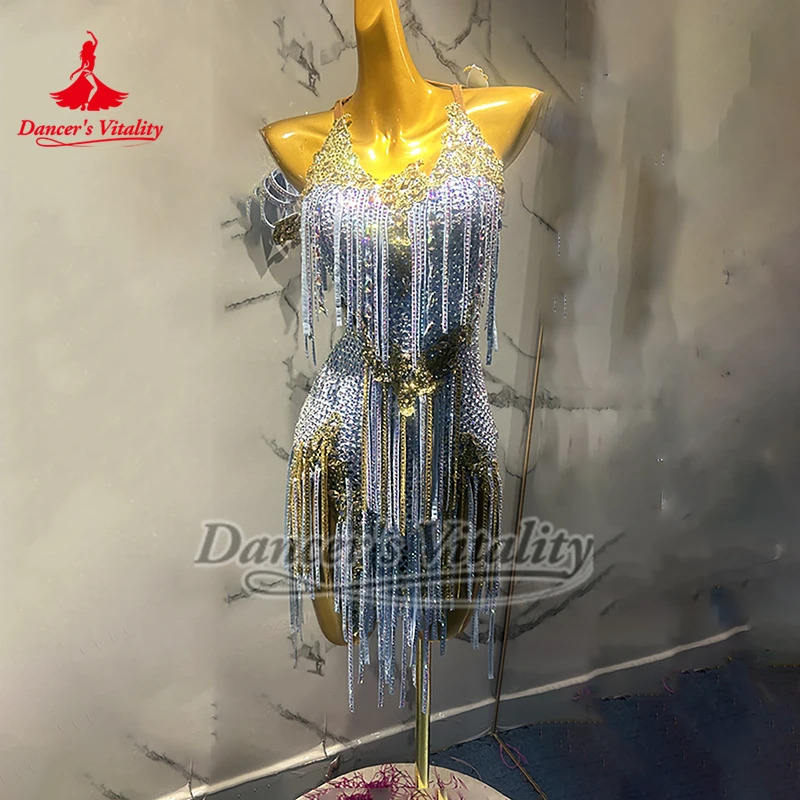 Abito da ballo latino senza schienale Donna Rumba Chacha Tango Performance Costumi da competizione Bambino adulto Vestito da ballo latino Personalizzato