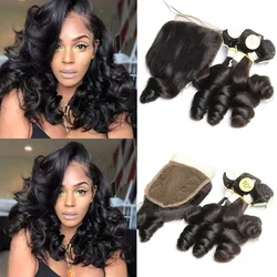 Loose Wave Bundles with Closure 4x4 Brazilian Human Hair Weave 5Pcs Bouncy Curly Bundles with Closure Transparant Pre-Plucked