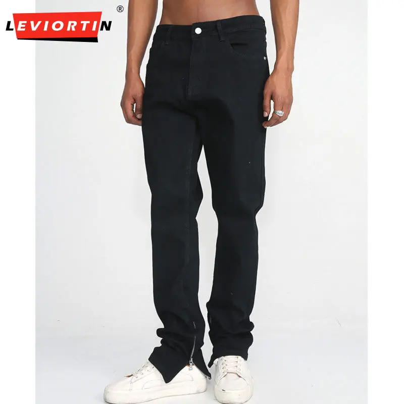 

Men's fashion Korean version elastic tight pants with side zipper design, straight tube slim fit casual solid color jeans