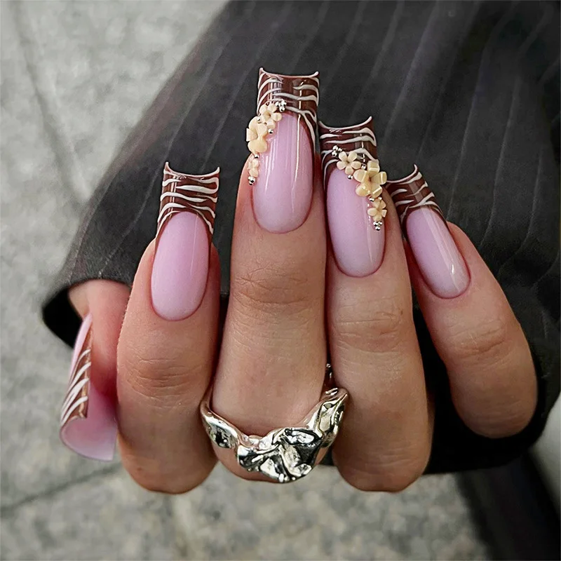 24 Uds. Diseño de diamantes de imitación de flores 3D, uñas postizas con patrón rojo, uñas postizas francesas, puntas de uñas de cobertura completa reutilizables y cuadradas largas