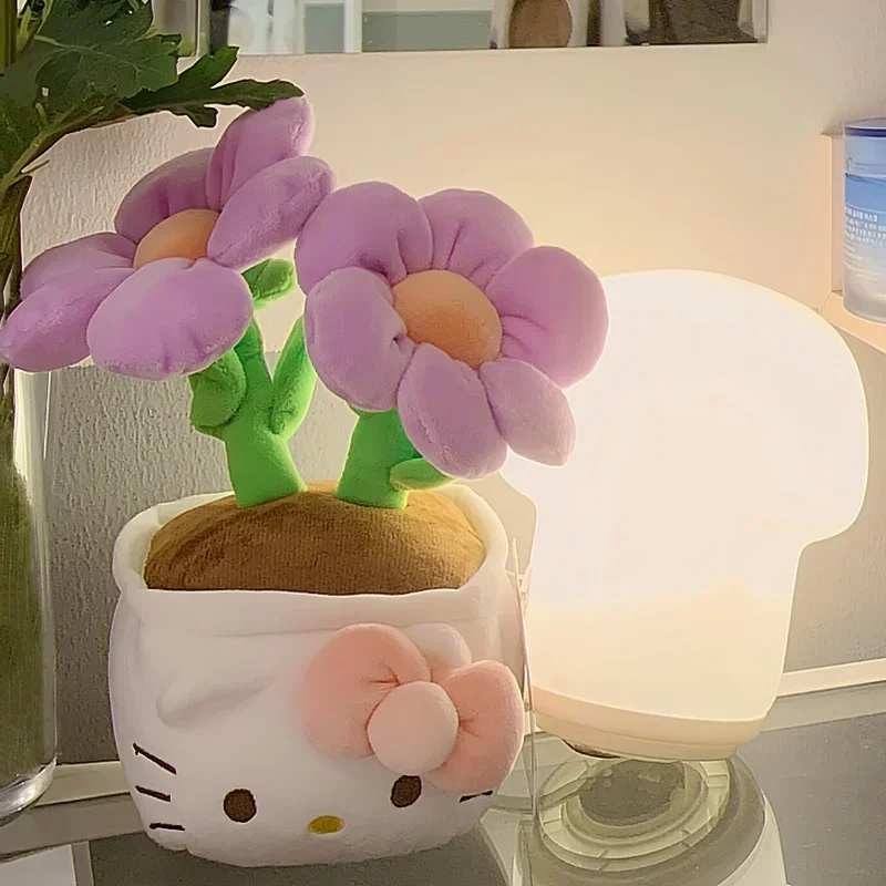 Original With Tag Hello Kitty Flower Plush Toy Cartoon Potted Plant Doll Kitty Cat Plushies Desktop Home Decor Gifts Girl Yellow