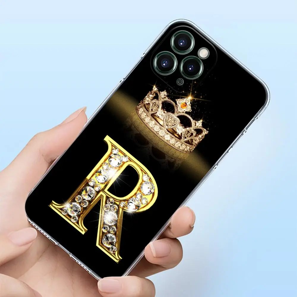 Coroa de diamante primeiros iniciais carta n t z escudo caso para iphone 15 16 11 12 13 14 pro max mini 16 plus capa transparente fundas