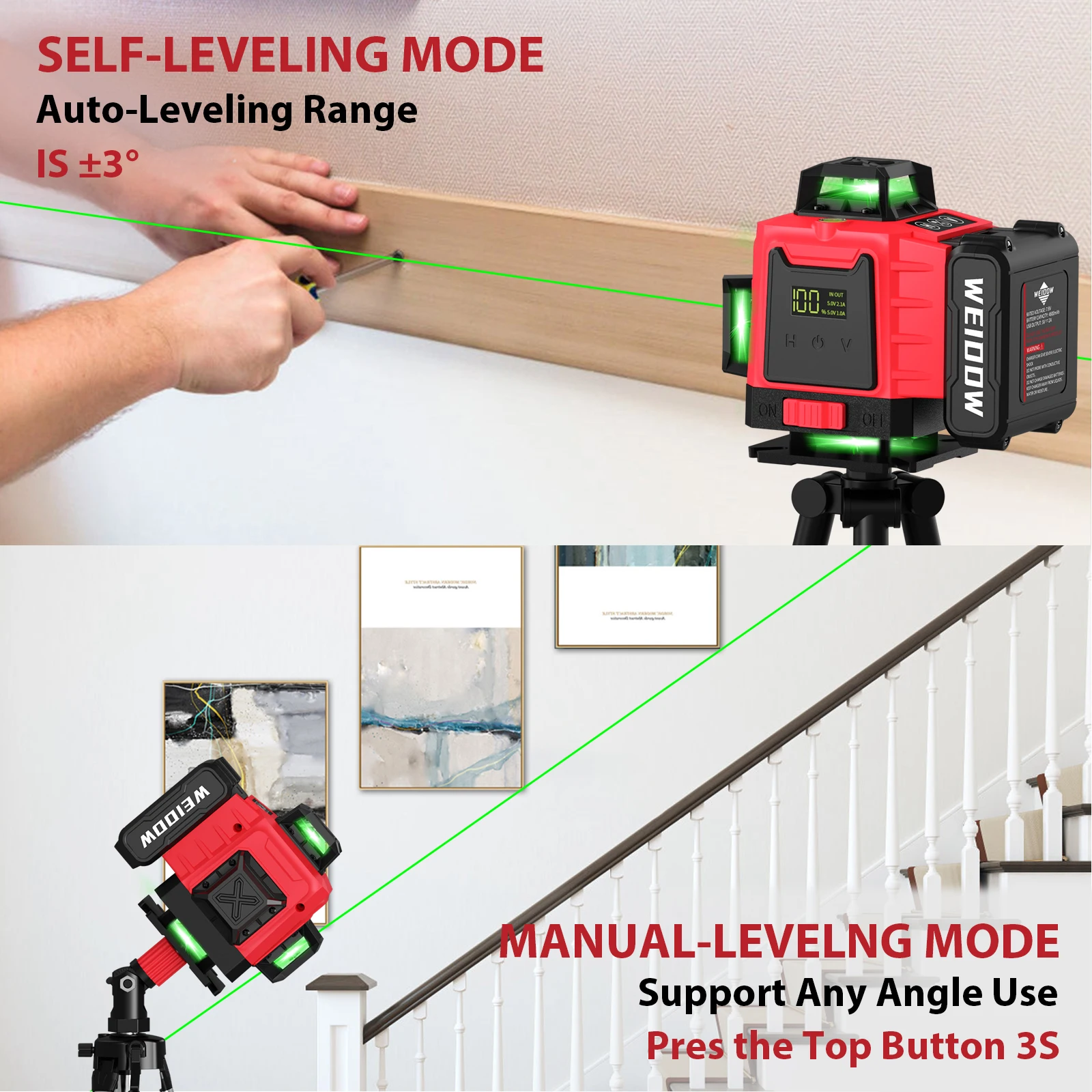 Imagem -03 - Weiddw Laser Nível 4d 16 Linhas com 3937 Polegadas 1m Tripé Horizontal Vertical Verde 360 ° Laser Nivel Profissional Autonivelante