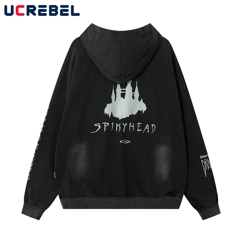 Distressed Double-sided Printed Hoodies Mens High Street Autumn Pocket Loose Long Sleeve Hooded Outerwear Men