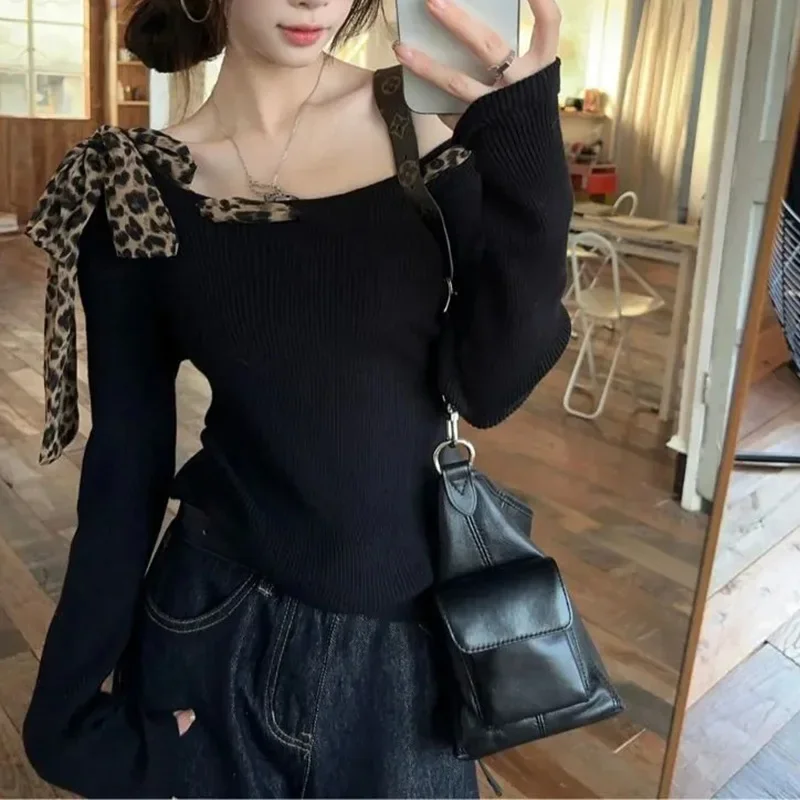 American Slanted Shoulder Black Women Tees Leopard Print Skinny Chic Tops Harajuku Y2K Long Sleeve Patchwork Velvet Pullover