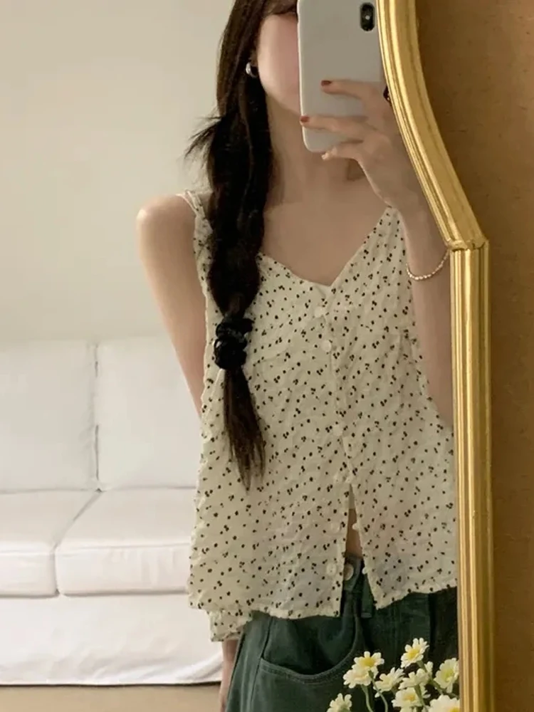 Fre Floral femmes gilet été nouveau Sle simple bouton v-ne Strapl débardeur vêtements d'extérieur trajet Sle ort longueur