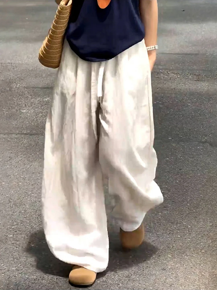  Linen Ice Silk Pants Men Women Summer Thin Small Size Drapey Straight Wide Leg Cotton Linen Samben Pants Casual Trousers