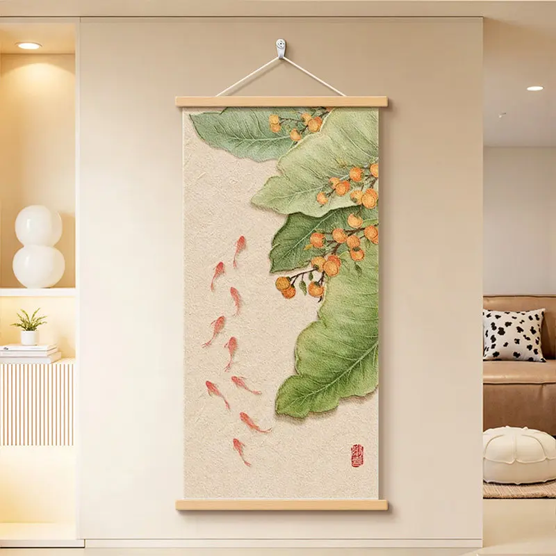 Wall Art Nine Koi Pond Pearlescent Canvas Hanging Scroll with Wooden Rods for Entryway Hallway and Living Room Decor