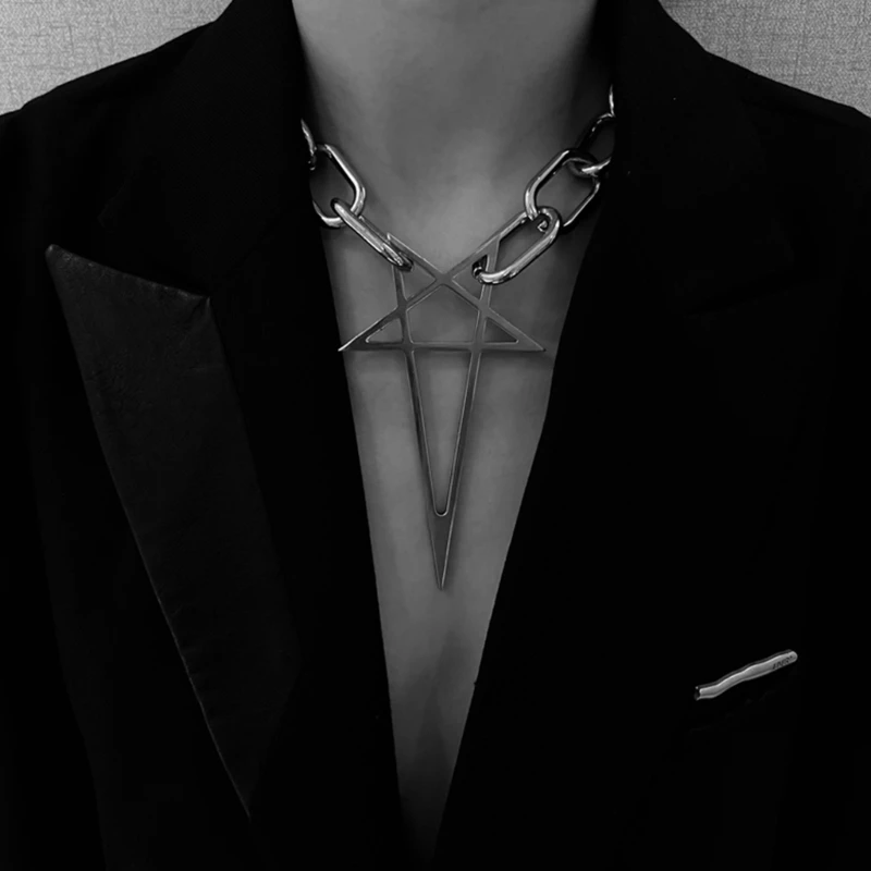 Punk Gothic Link Chain Goth Pentacle Necklace for Men Women Coarse Chains Necklaces Jewelry Kpop Fashion Accessories