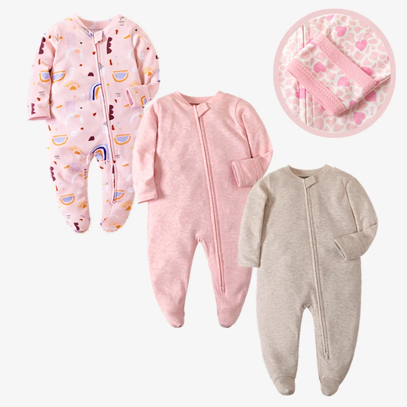 

0-6M Newborn Infant Baby Boy Girl Sleep Romper Long Sleeve Solid Cotton Soft Zipper Jumpsuit Clothing 3Colors