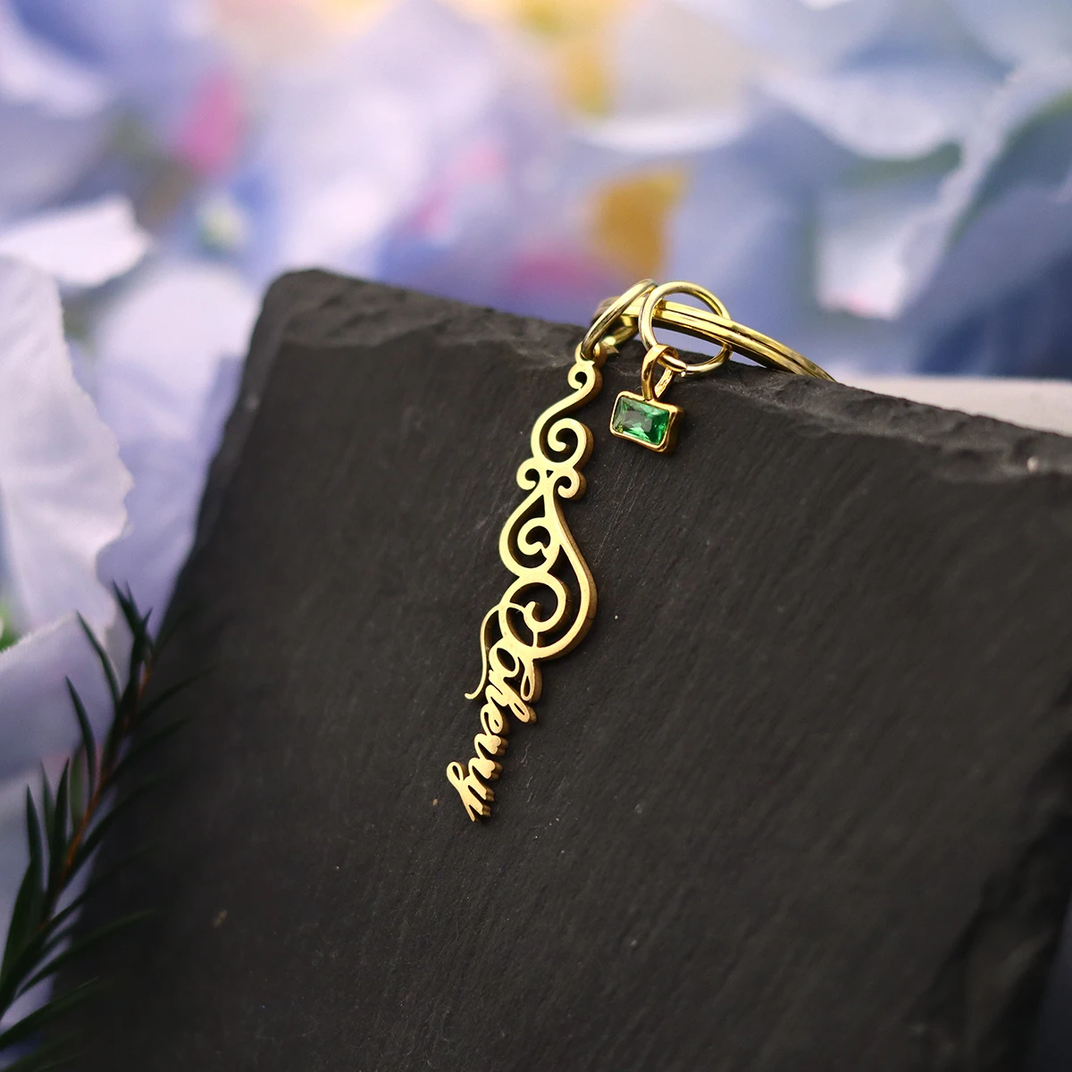 Chandler Stainless Steel  Hollow Filigree Script Name Keychain with Green Crystal Charm - Stylish Daily Accessory for Women