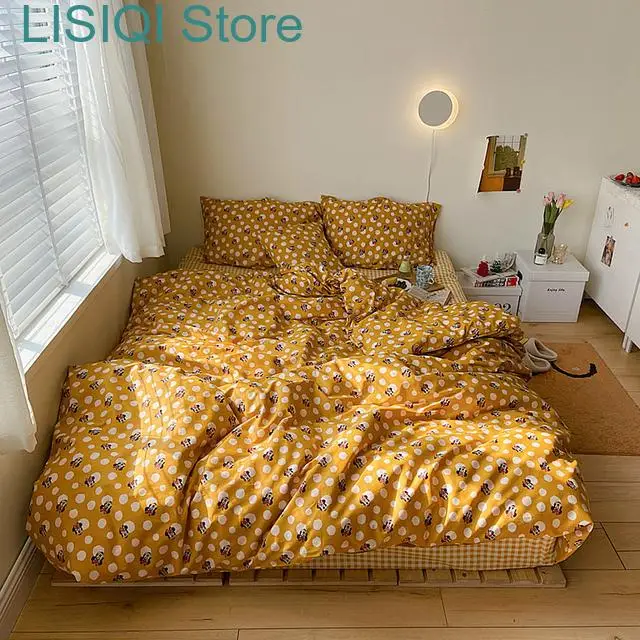 New Printed Cotton four-piece bedding bed linen bed sheet simple three-piece dormitory set