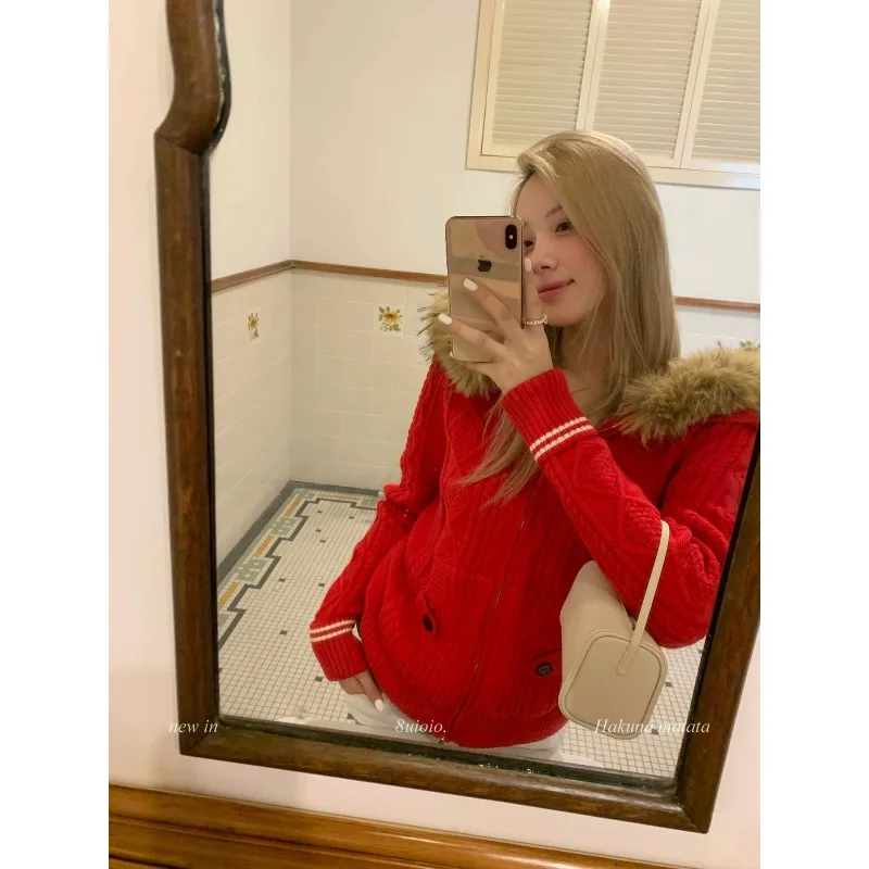 

Вязаный кардиган с капюшоном и красным меховым воротником Sunset Rose Sea, осень 202, Новое поступление для женщин