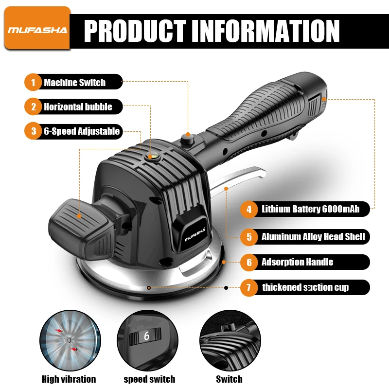 MUFASHA-máquina de vibración para azulejos, herramienta de nivelación automática, ventosa en caja, 16,8 V/una batería