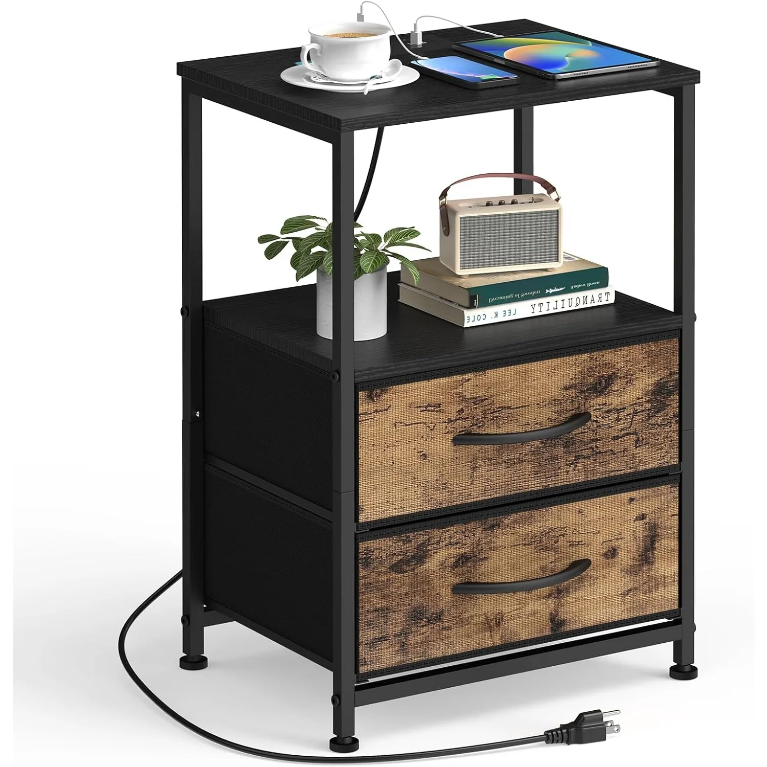 

Industrial Charging Station Nightstand with USB Ports, Power Outlets, 2 Drawers & Shelves for Bedroom Living Room Small Spaces
