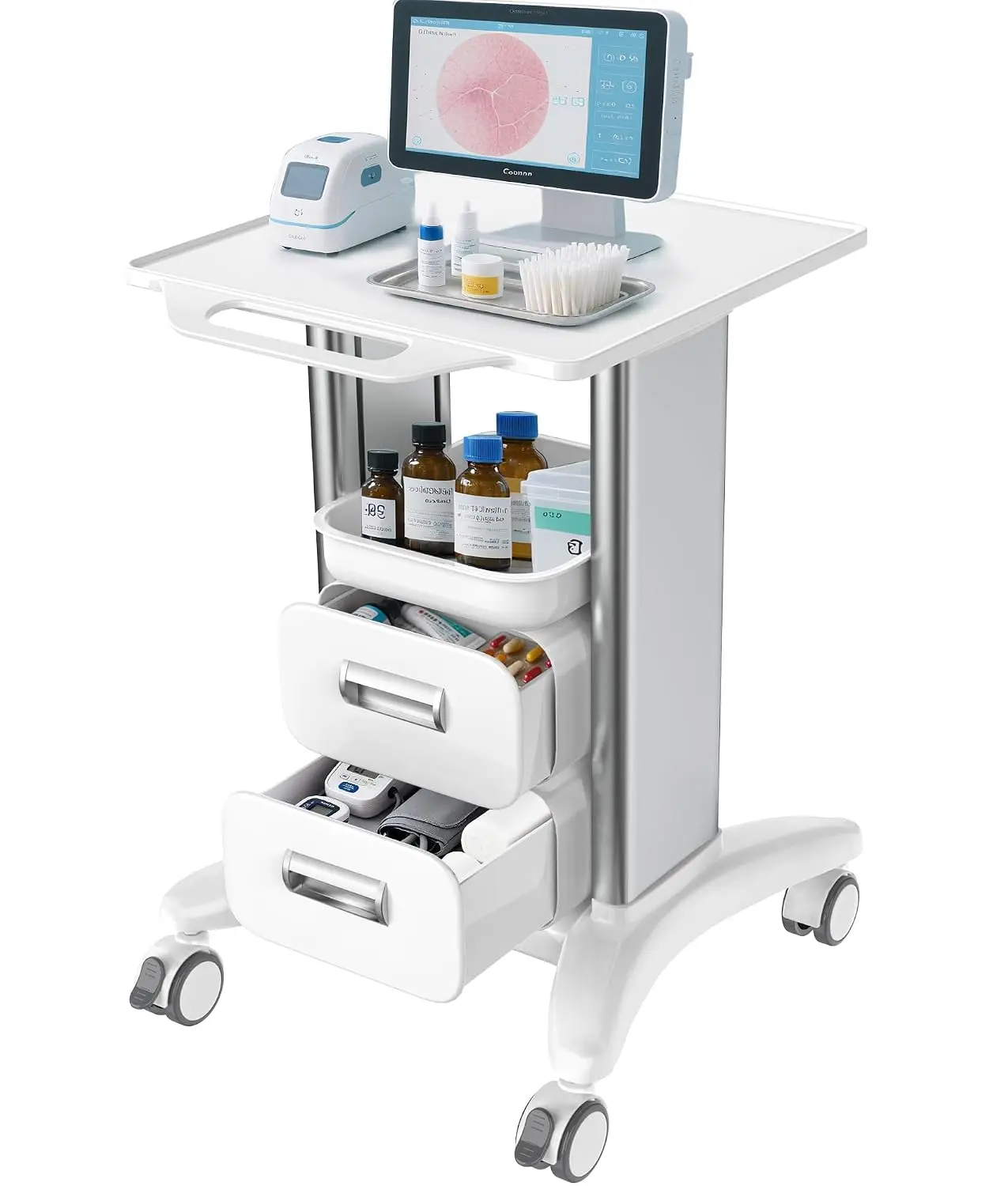 Medical Trolley Cart with Drawers & Trays, 220 LBS Load Hospital Mobile Ultrasound Cart with 4 Silent Swivel, Customized