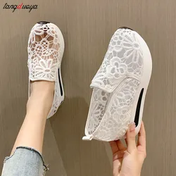 Lace Women Shoes 2024 Spring Summer Wedges Shoes for Women Black White Breathable Lace Flower Sneakers Women Loafers White