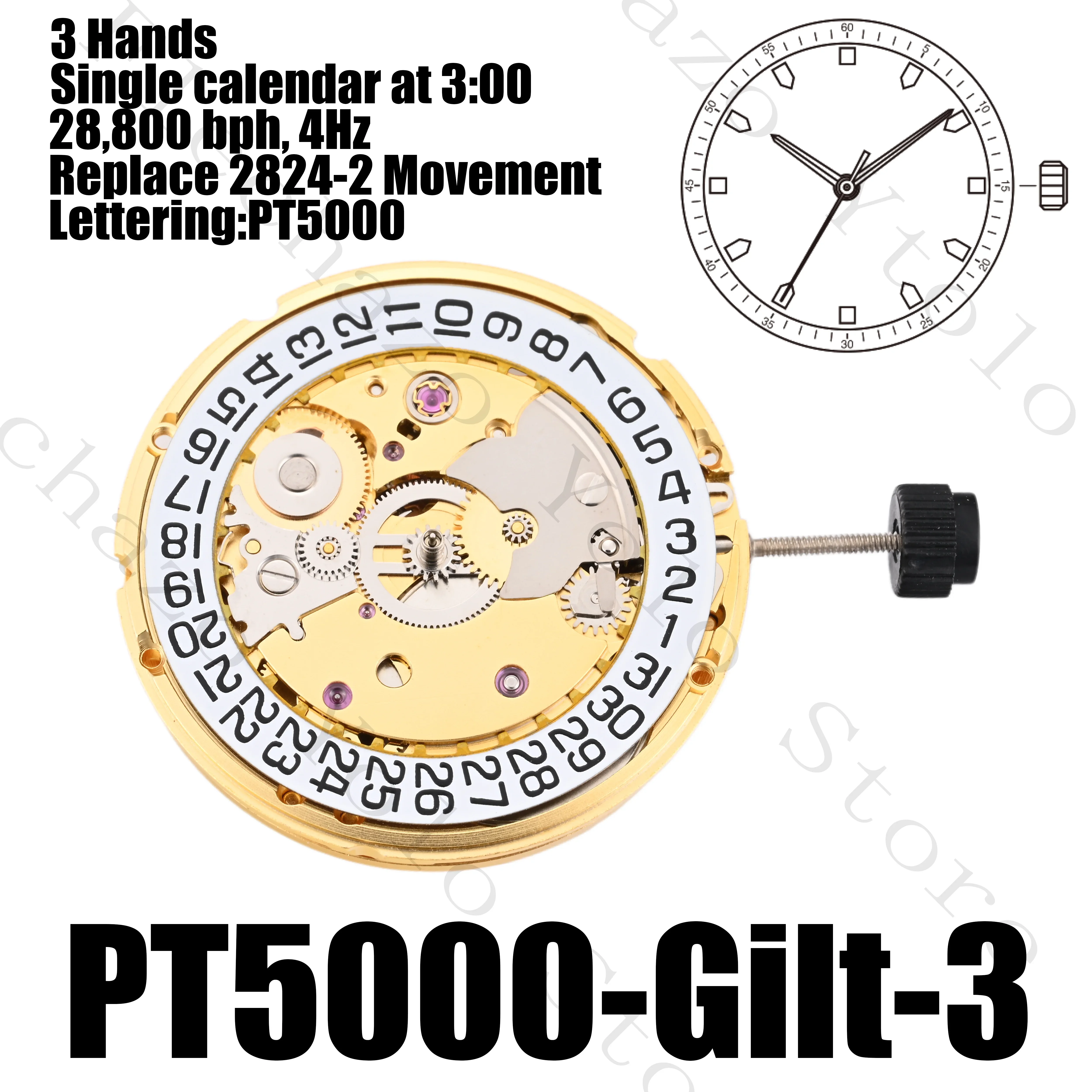 PT5000 Movement Automatic Mechanical Watch Movement 21600 Bph-28800 Bph Date Display Clone 2824 25 Jewels 25.6Mm Diameter