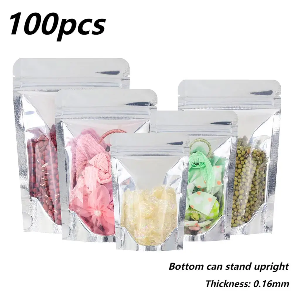 100 Uds. Bolsas autoportantes transparentes de aluminio plateado con cremallera para alimentos, carne seca, azúcar, frijoles, Chocolate, aperitivos, bolsas de plástico para embalaje