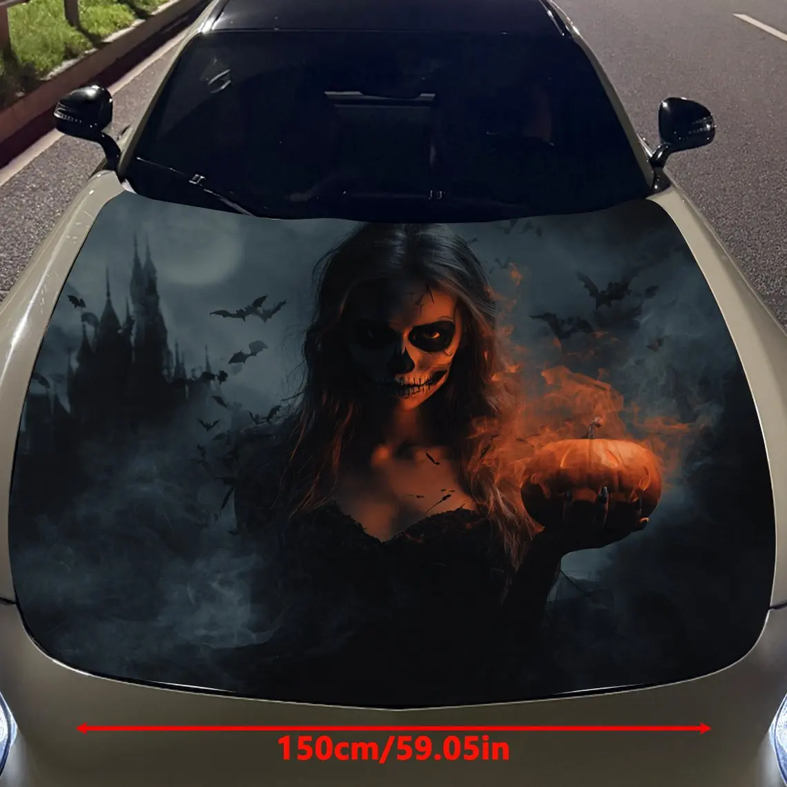 Skeleton Makeup Woman and Pumpkin Lantern Car Vinyl Wrap, PVC Material Waterproof Car Hood Sticker, Self-Adhesive Scratch-Resist